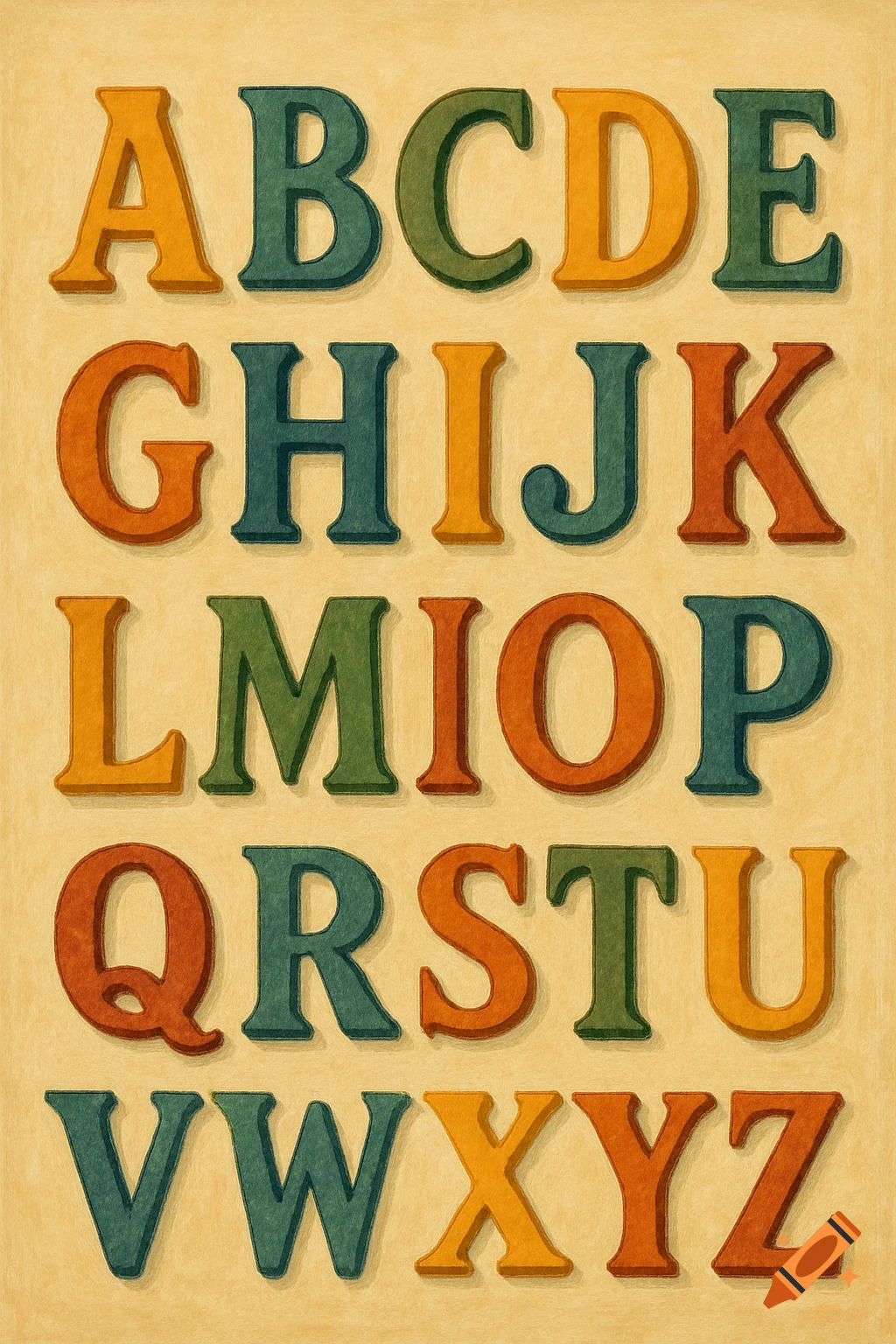 The English alphabet A-Z in colourful textured letters on a yellow background.