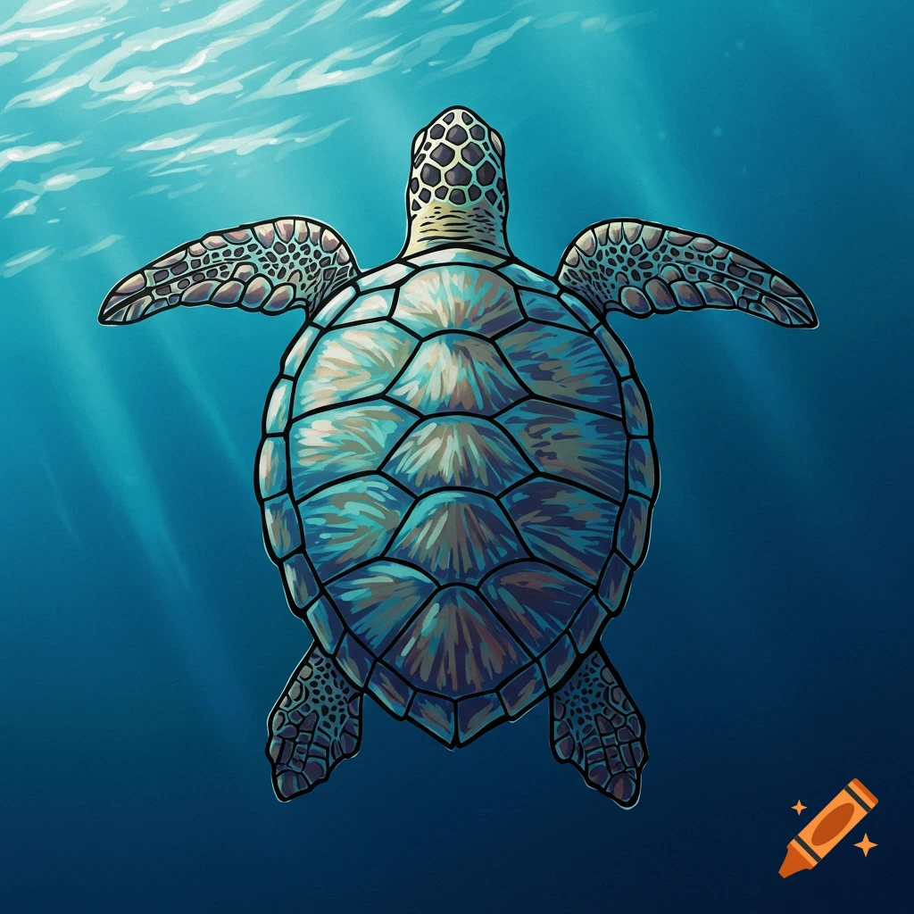 A sea turtle is swimming in the ocean, viewed from above.