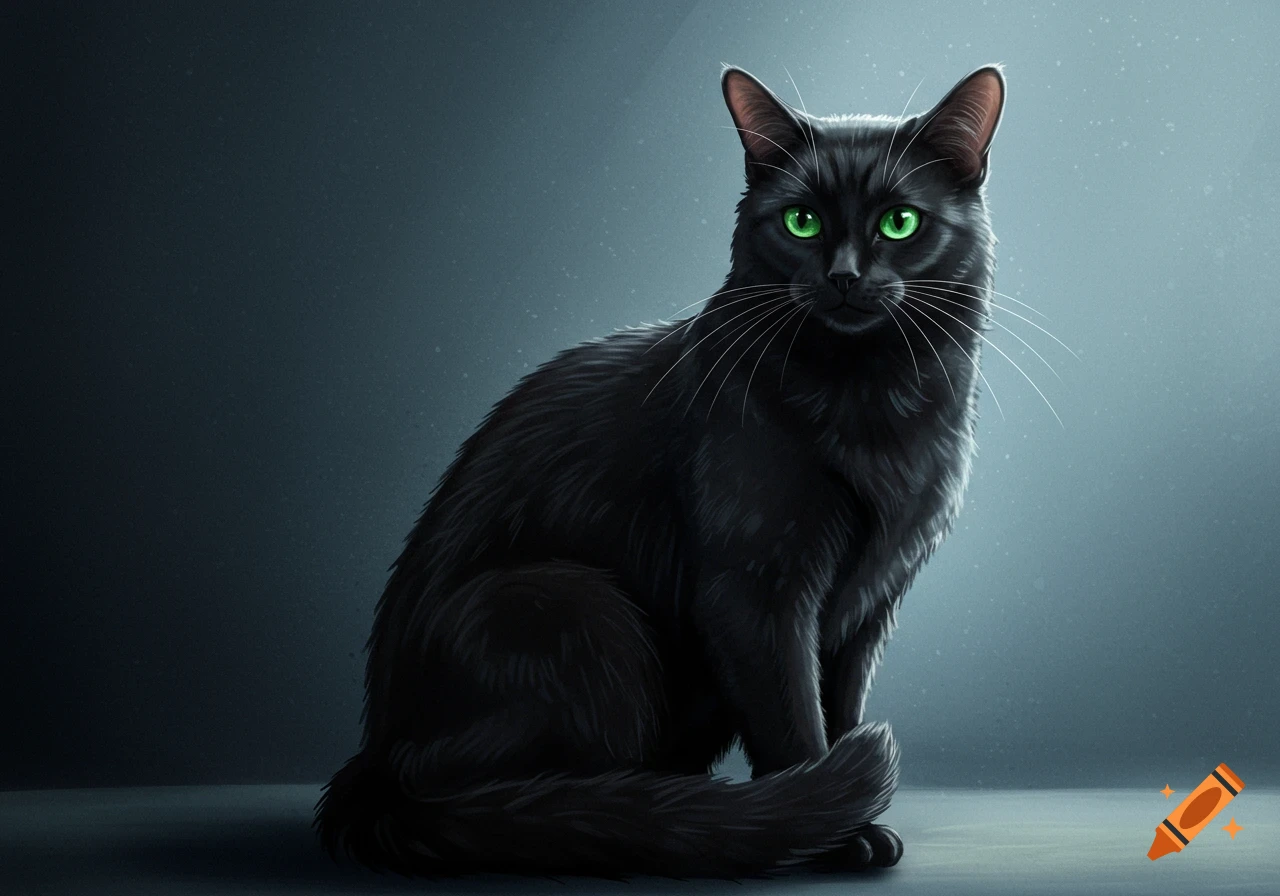 A black cat sits and looks forward.
