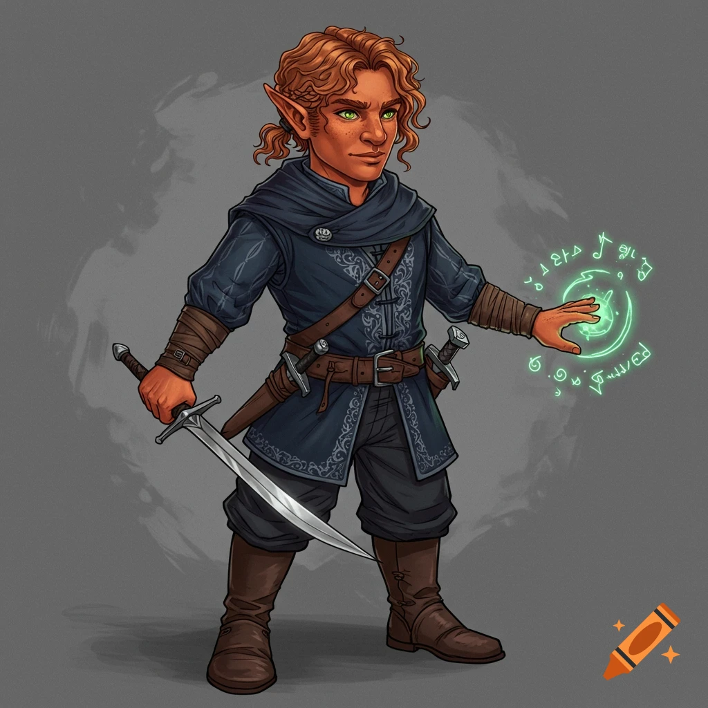 A fantasy character, a gnome or halfling, with red curly hair casts a green magic spell while holding a sword.