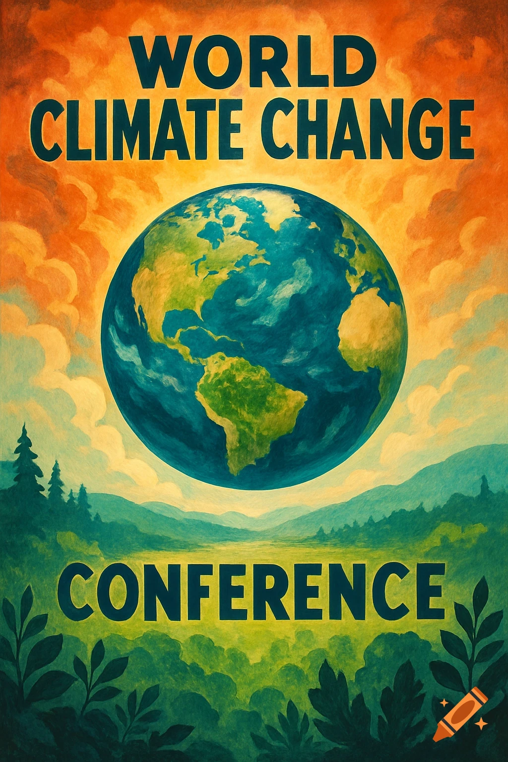 Poster for the World Climate Change Conference showing the Earth over a landscape.