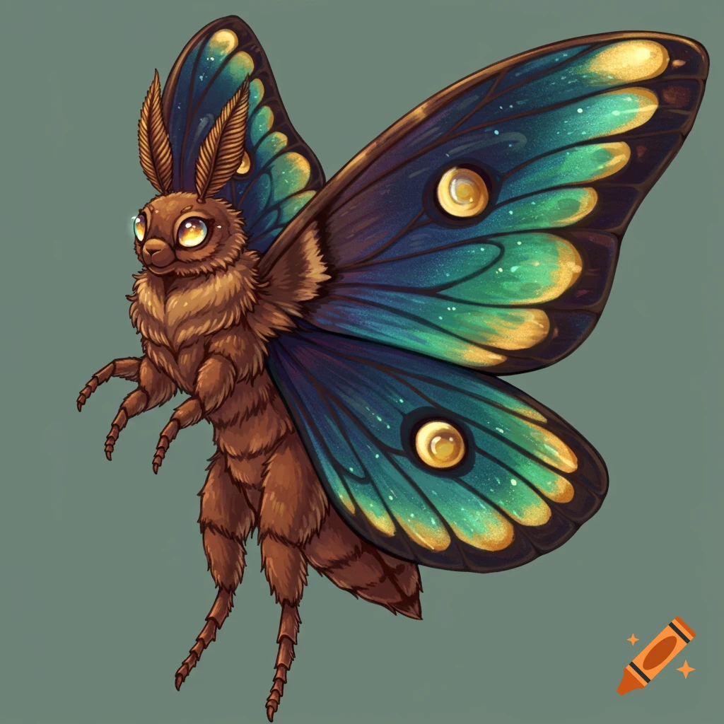 A fluffy brown moth character with large blue, green, and gold wings.