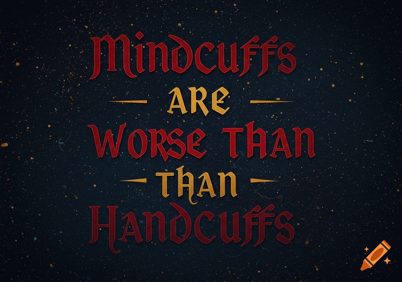 Text on a dark textured background with gold speckles reads: "Mindcuffs are Worse Than Handcuffs" in red and gold stylized font.