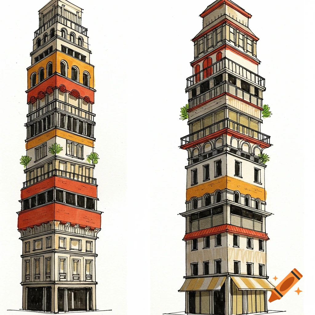 Two tall, stacked buildings in a sketch style with colored elements.
