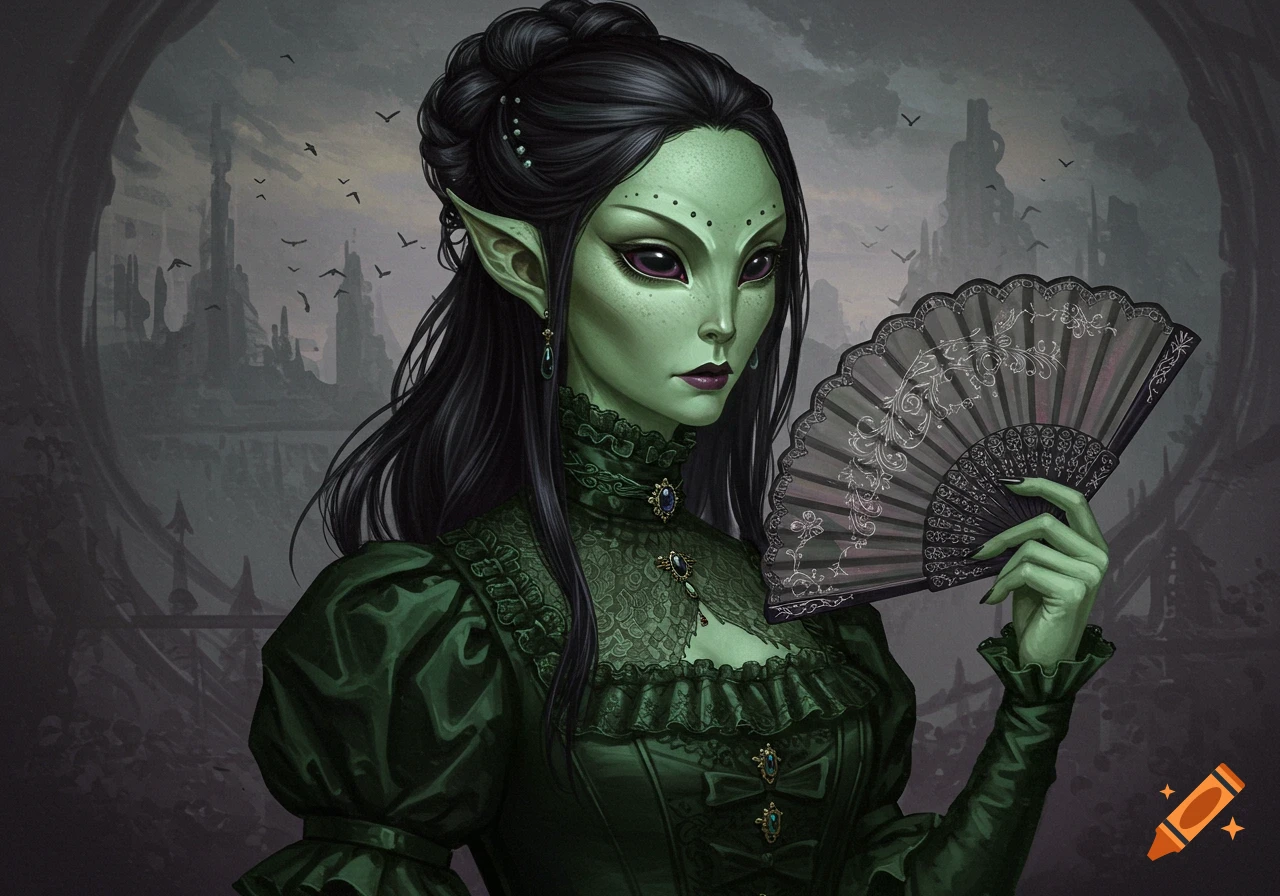 An alien woman in a green Victorian dress holding a fan.