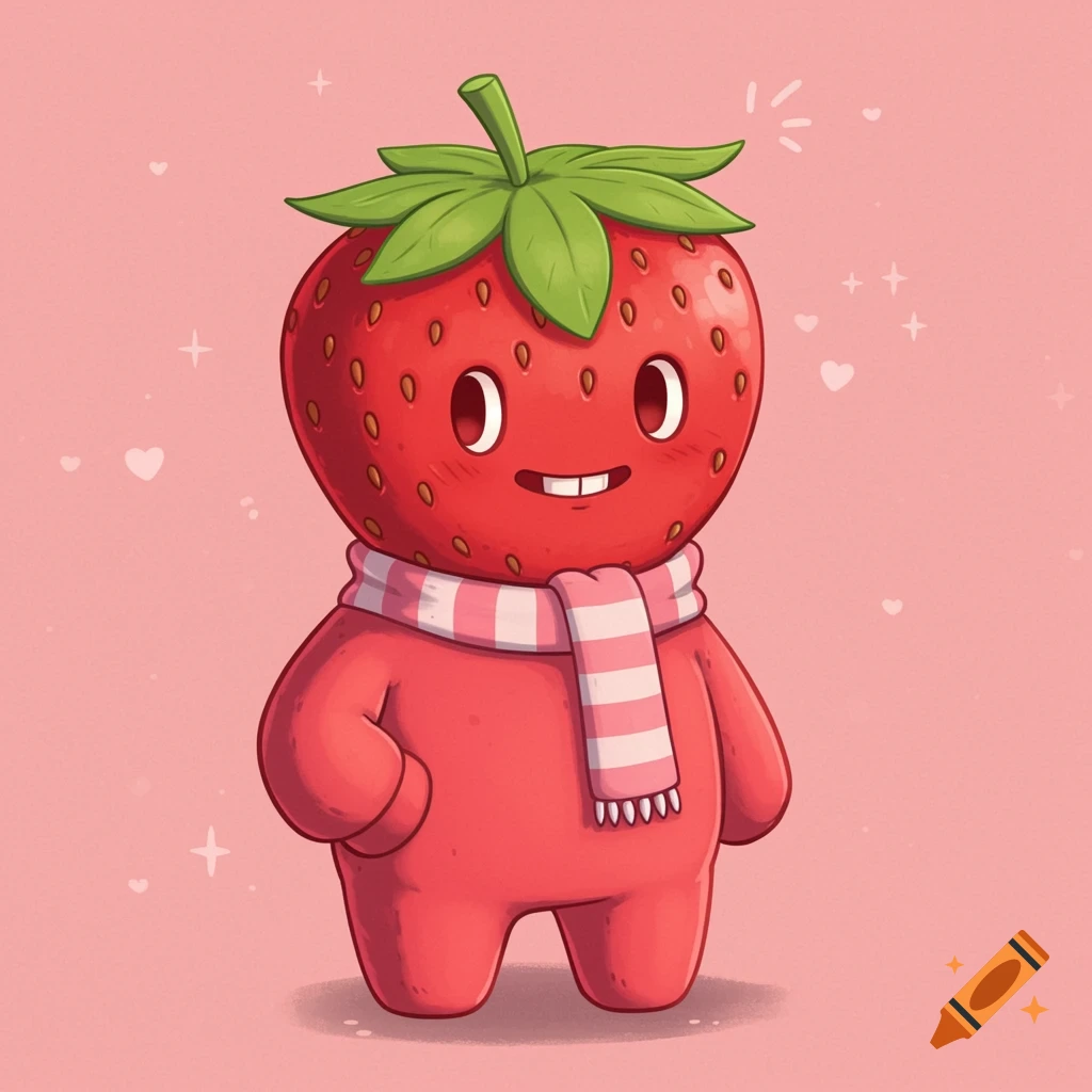 A cute cartoon character with a strawberry head, wearing a pink and white striped scarf.