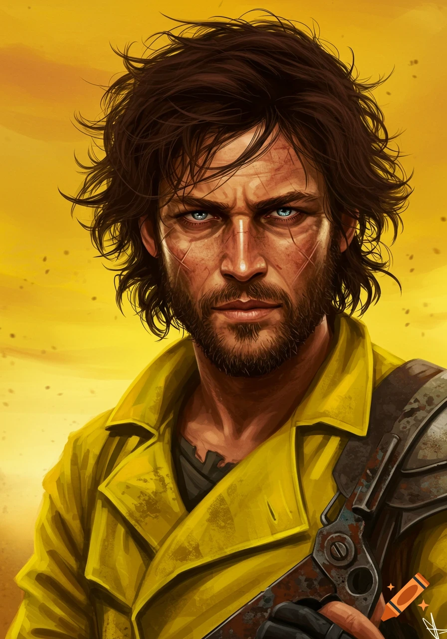 Portrait of a scarred man with blue eyes in a yellow coat, holding a weapon.