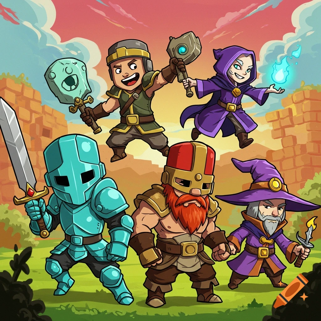 Cartoon fantasy characters including a knight, barbarian, and wizards holding weapons and casting spells in a landscape.