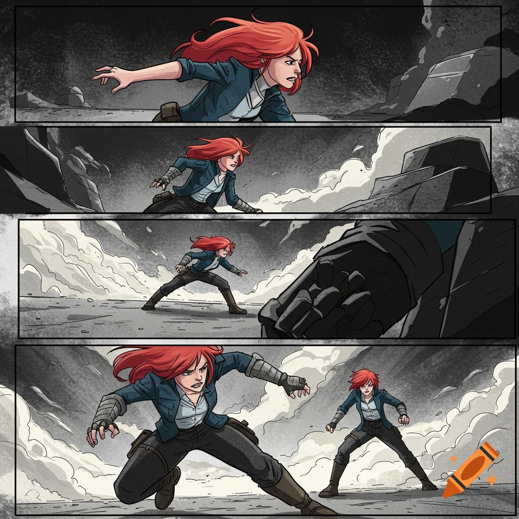 Comic strip featuring a red-haired woman in action poses in a rocky landscape. Style is grey scale with selective color.