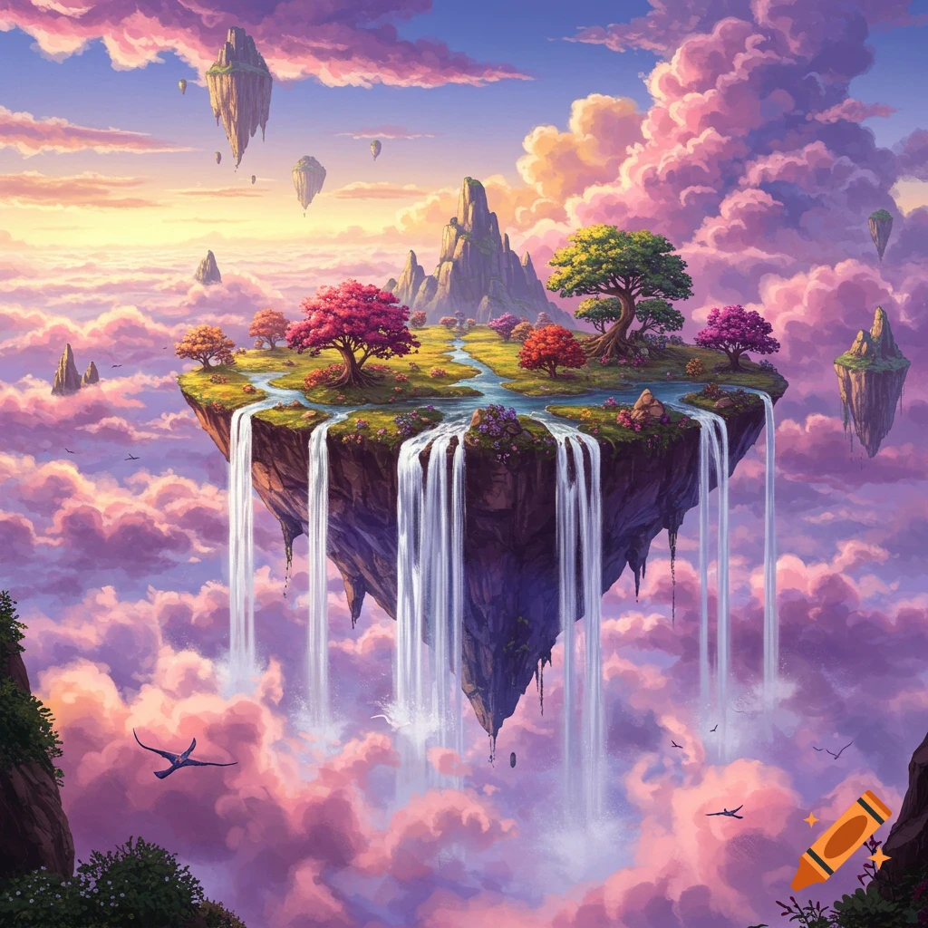 A floating island with trees and waterfalls cascades through pink and purple clouds in a fantasy painting style.