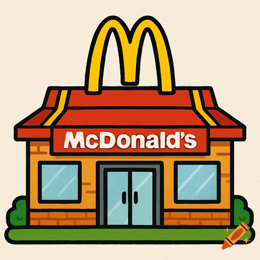 Cartoon drawing of a McDonald's restaurant building