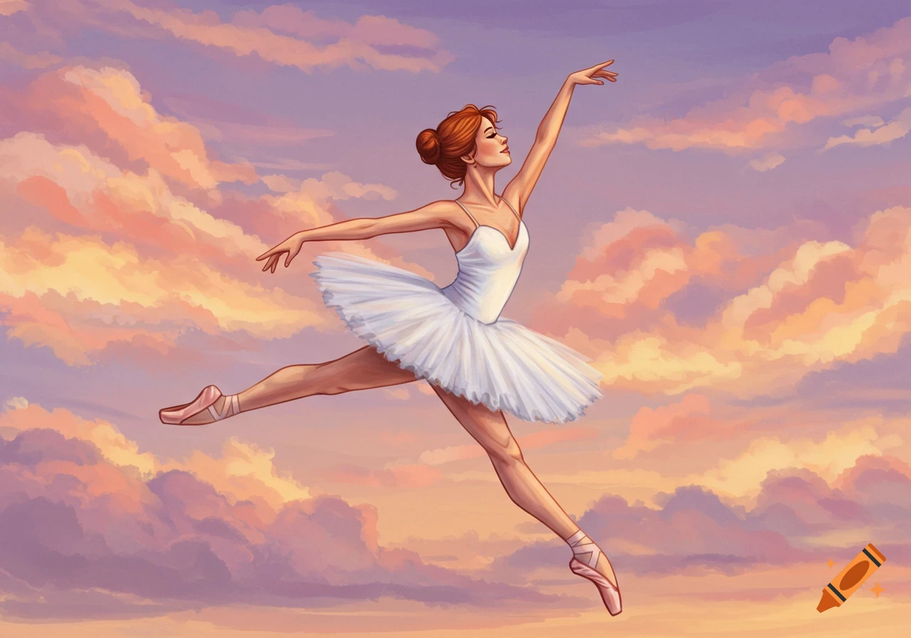 A ballerina leaps against a colorful cloudy sky.