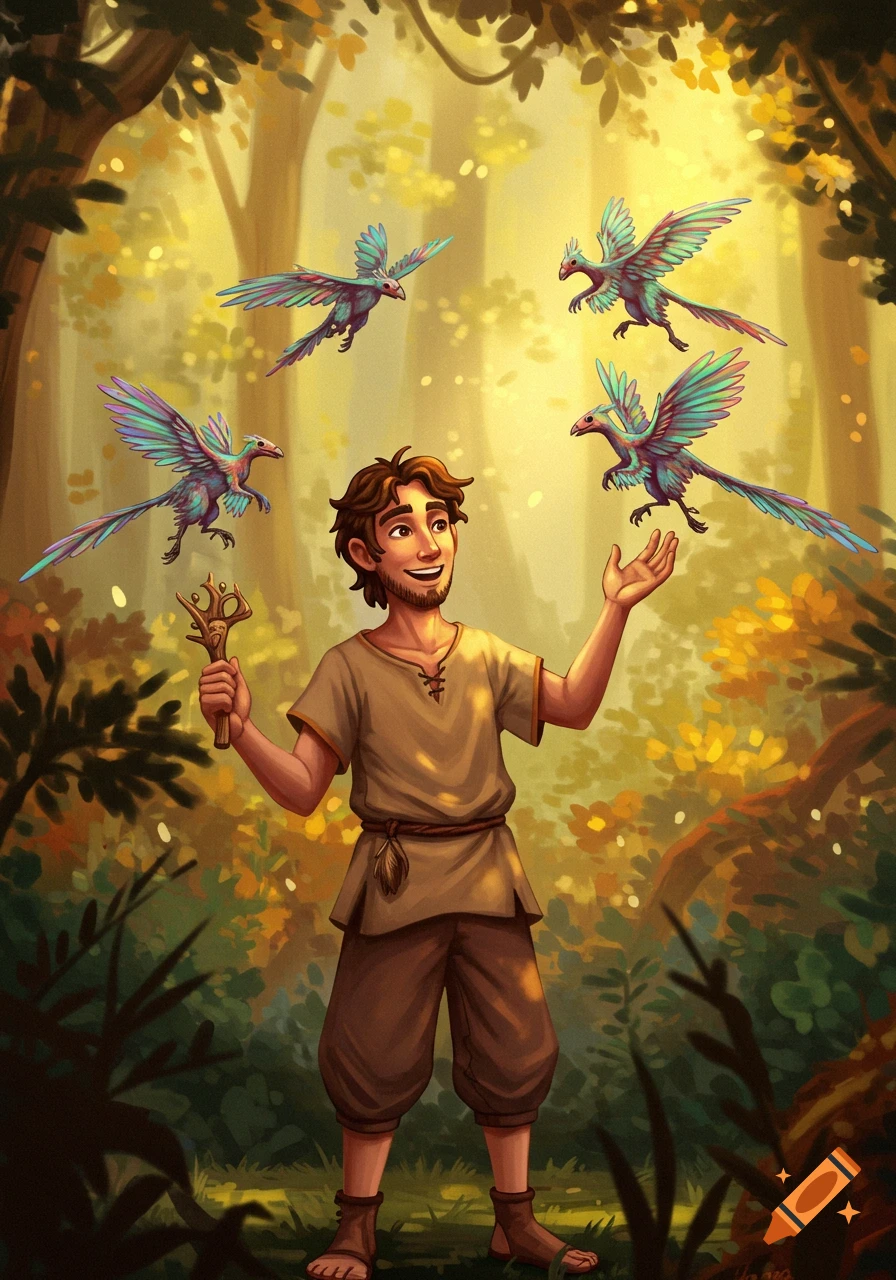 A man in a forest with small flying dinosaurs.