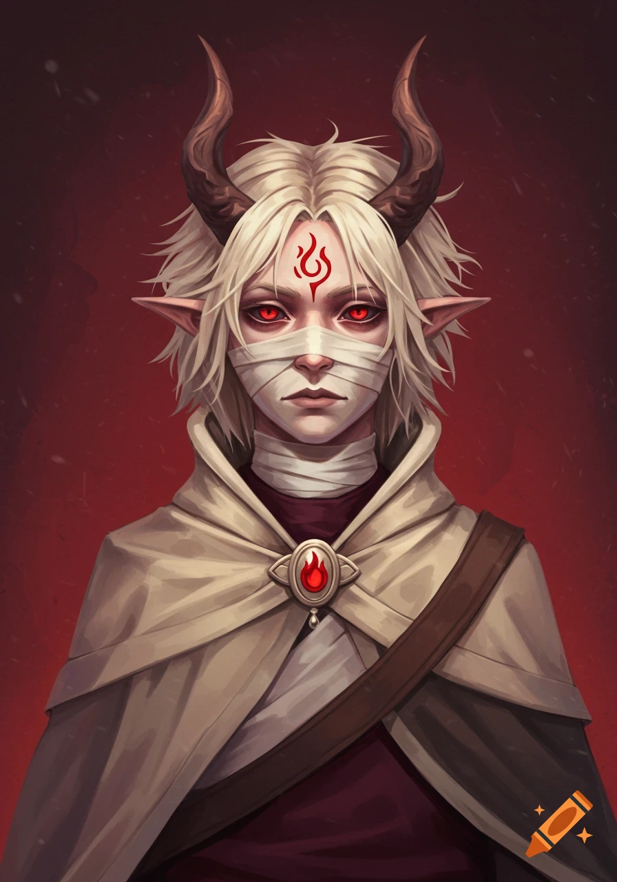 A fantasy character portrait with horns, red eyes, a bandage over the nose, and a cape.