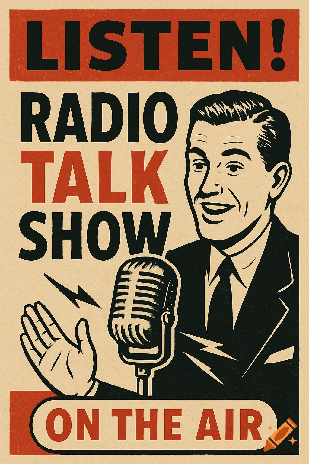 1950s style poster advertising a radio talk show, featuring a man speaking into a microphone and text 'LISTEN! RADIO TALK SHOW ON THE AIR'.