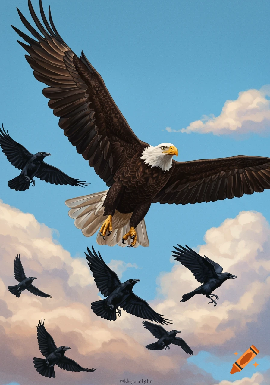 An eagle flying above multiple crows in a cloudy blue sky.