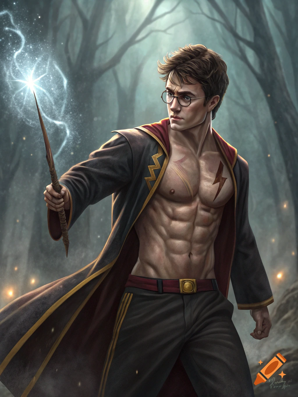 Muscular Harry Potter in a forest casts a spell with his wand. Digital illustration.