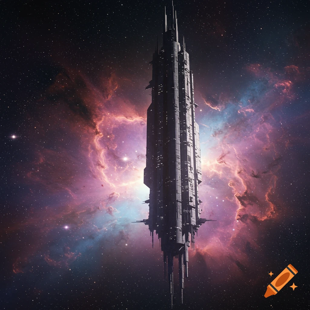 A tall, dark, monolithic spaceship floats in deep space against a vibrant purple and red nebula.