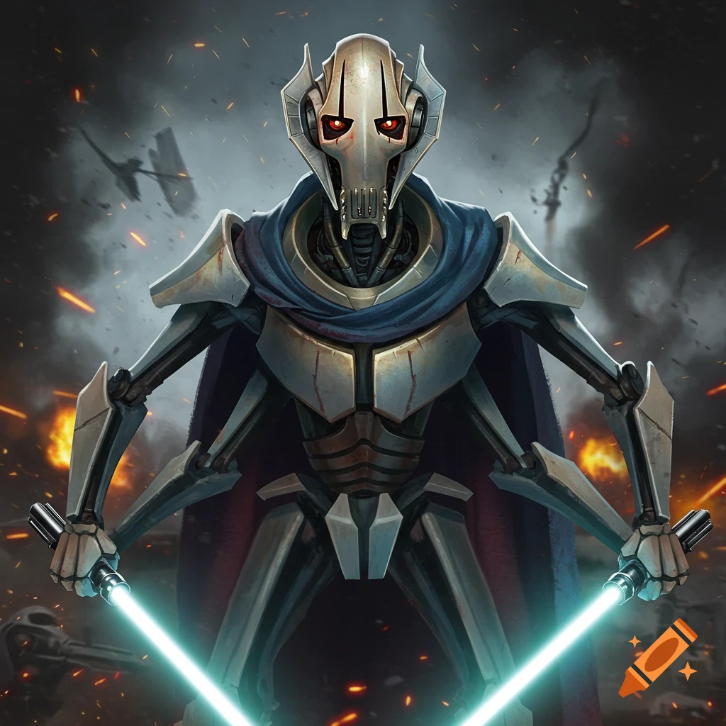 General Grievous holding four lightsabers in a battle scene.
