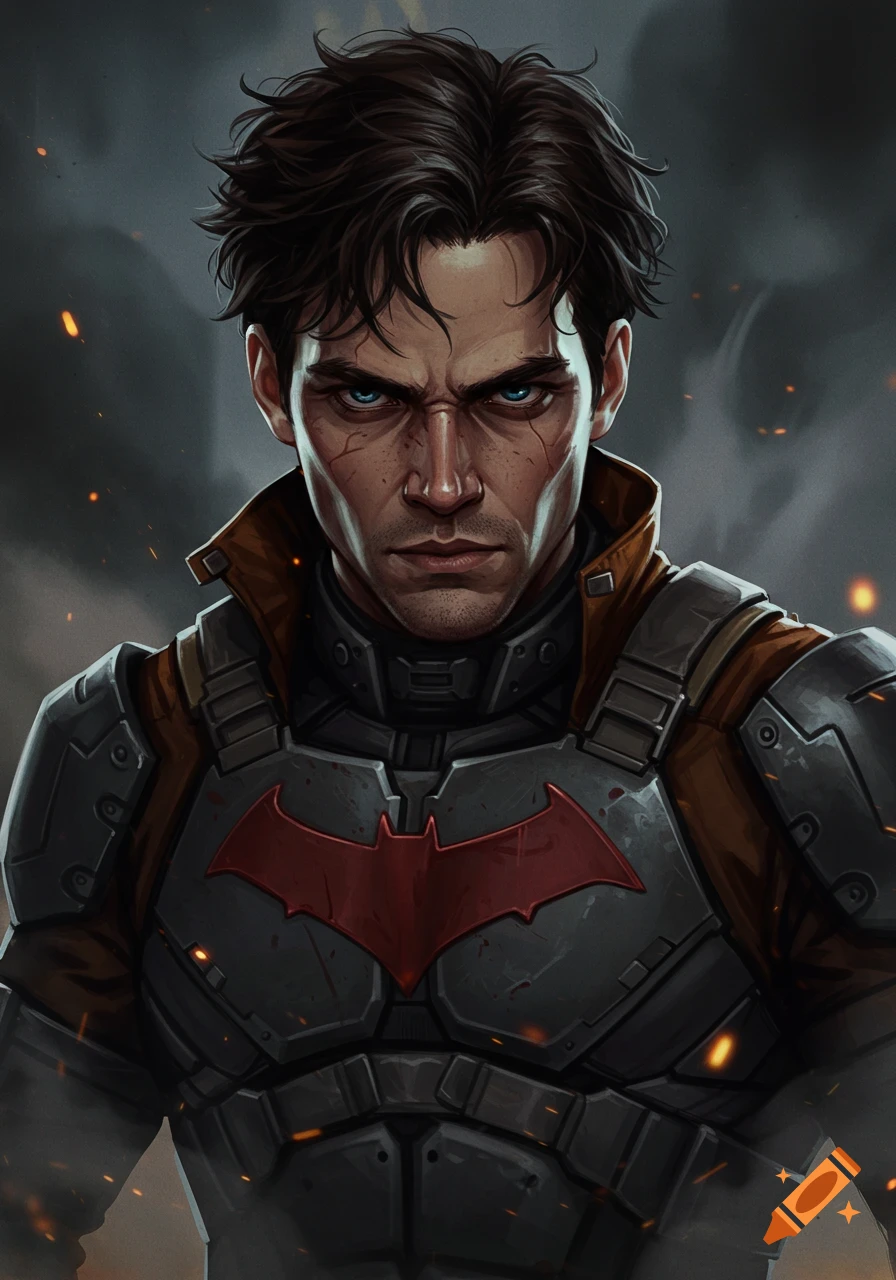 Close-up of a man in dark grey armor with a red bat symbol, looking intense with blue eyes.