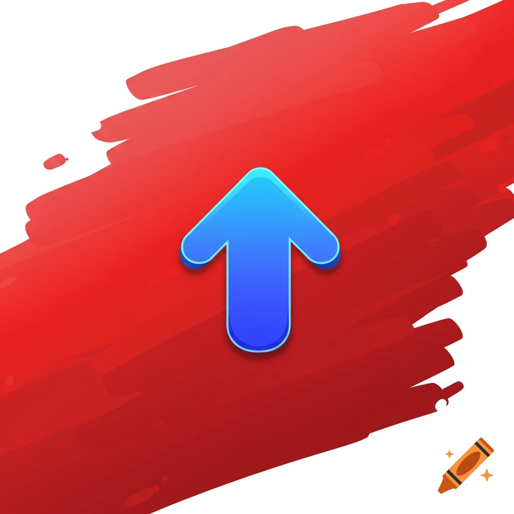 Blue up arrow on a red brushstroke background