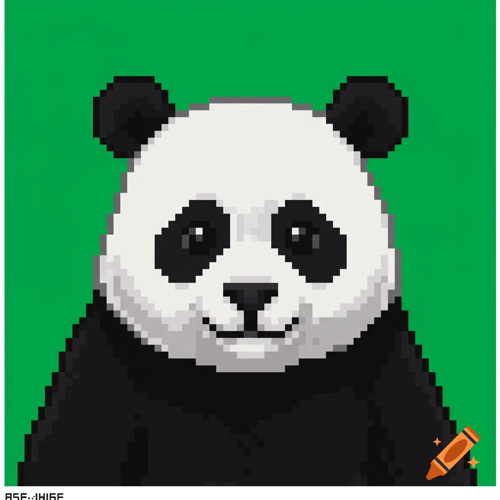 Pixel art illustration of a panda on a green background.