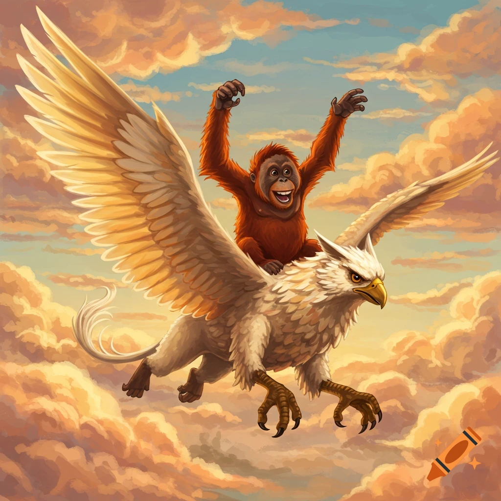 A cheerful orangutan riding a griffin through the clouds.