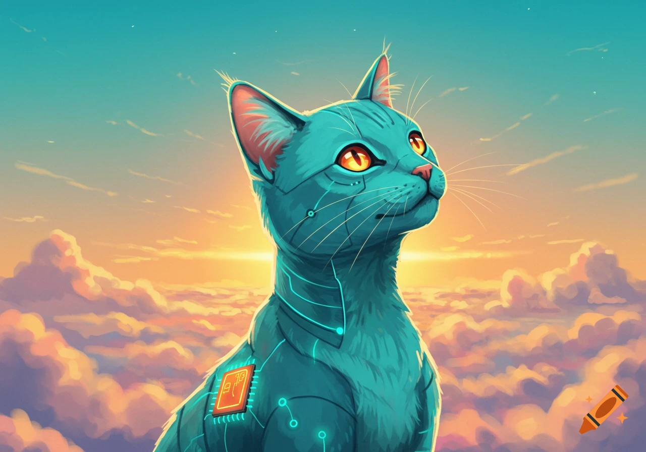 A cybernetic teal cat sits on clouds at sunrise, looking towards the sky.