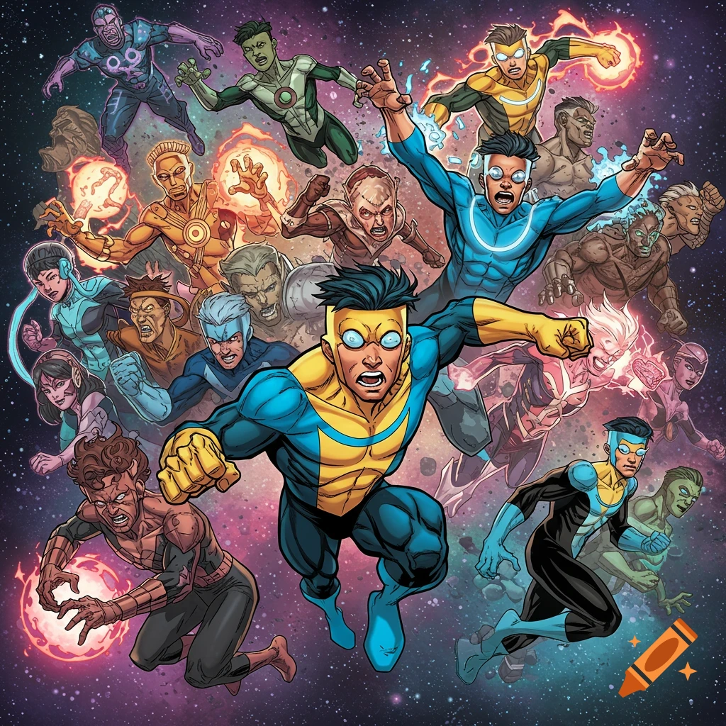 A group of superheroes and villains flying in space
