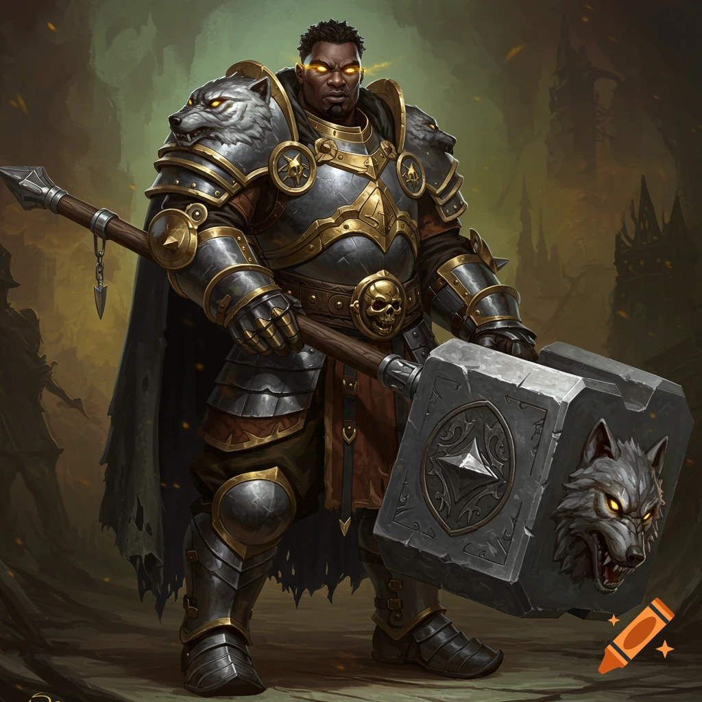A large African American man in fantasy armor with glowing yellow eyes holding a warhammer with wolf engravings.