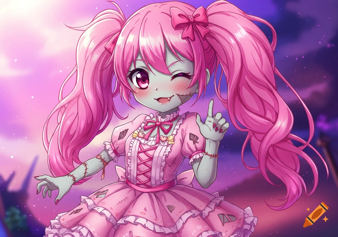 Cute anime zombie girl in pink dress with pink pigtails, winking and pointing.