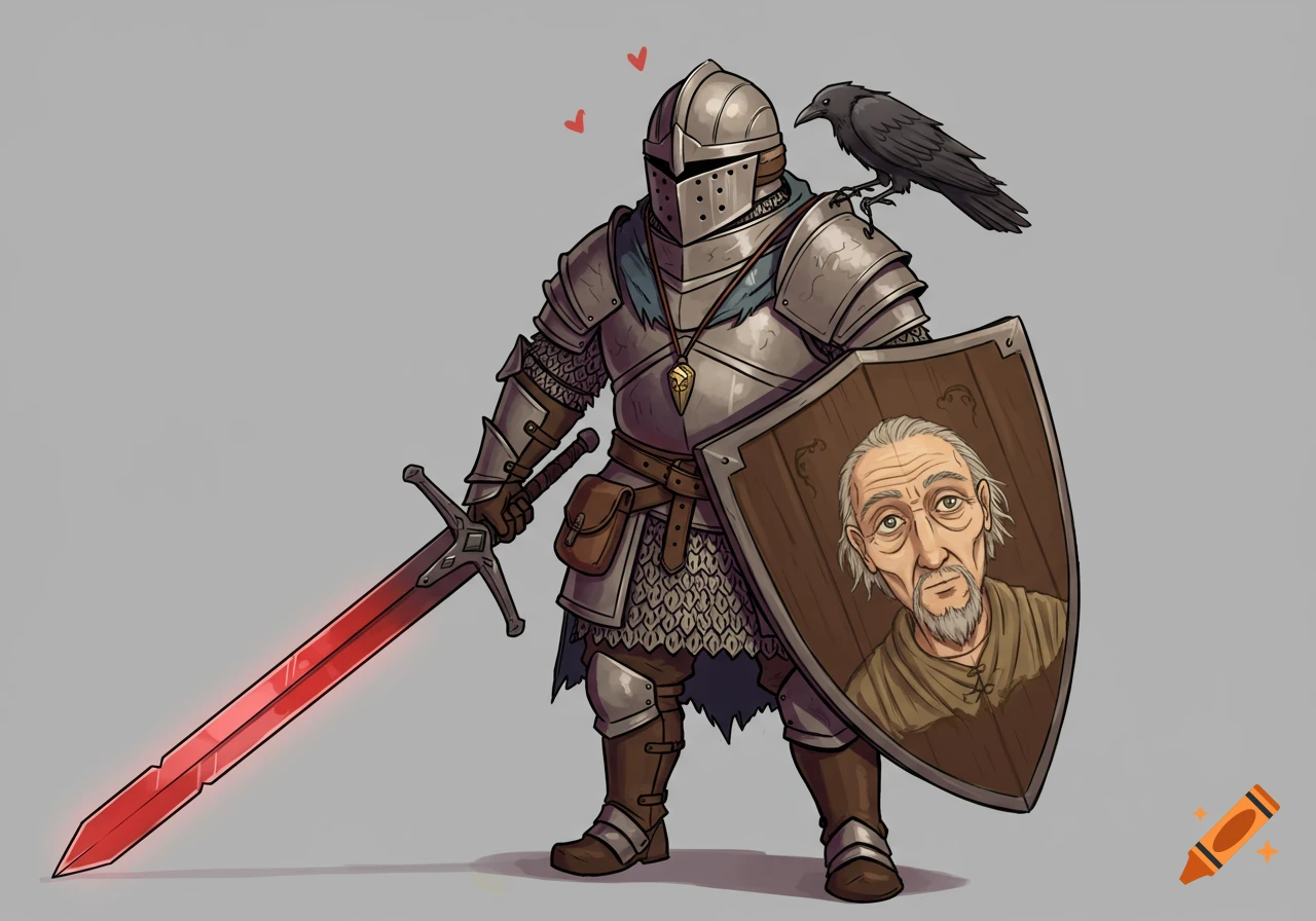 Cartoon knight in shiny armor with a red sword, a raven on his shoulder, and a shield with a portrait of an old man.
