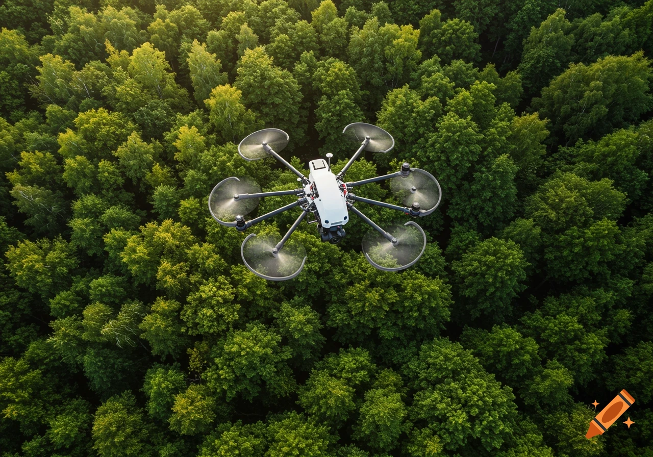 An aerial view shows a large white and grey multi-rotor drone hovering above a dense green forest canopy.