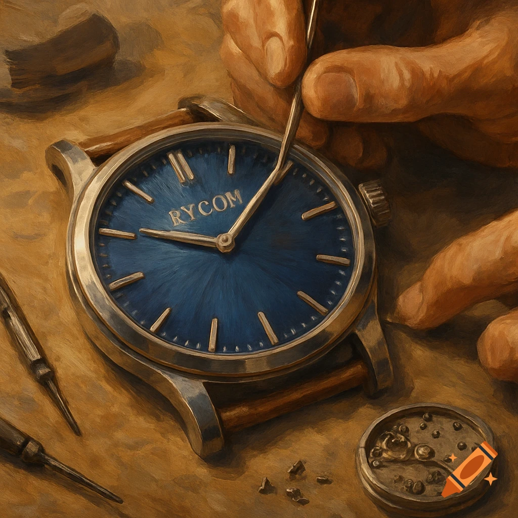 Hands working on a watch on a table with tools and parts.