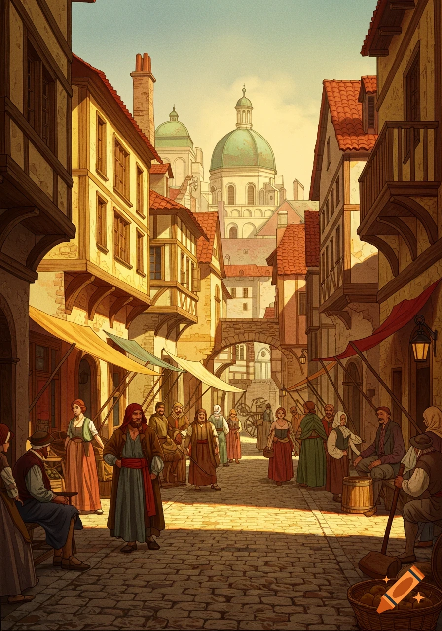 A busy market street in a historical city, with vendors, shoppers, and a large domed building in the background.