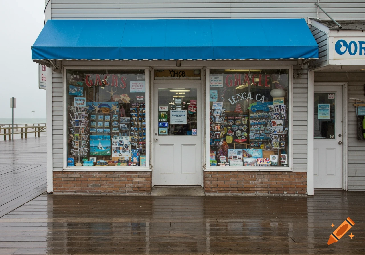 A storefront on a boardwalk on a rainy day