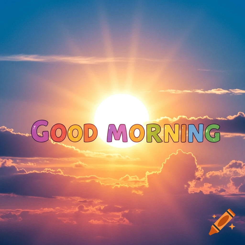 A vibrant image of a sunrise over clouds with the text "GOOD MORNING" centered in colorful letters.