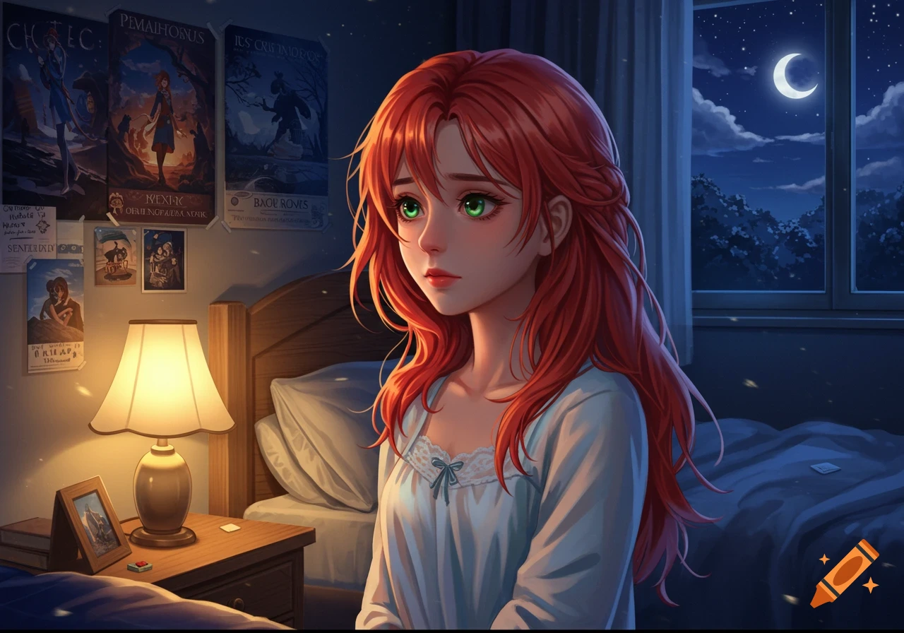 Red-haired anime girl in a bedroom at night, looking out at the moon.