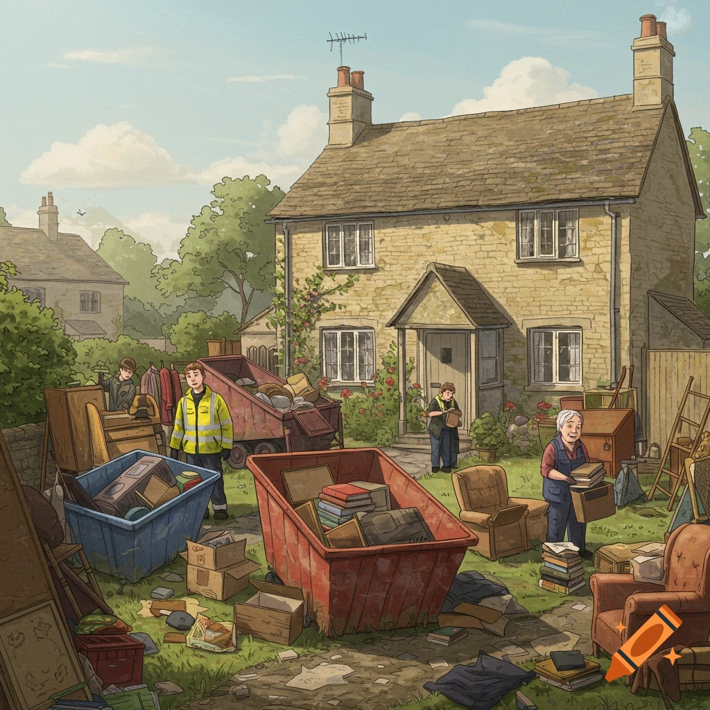 People are clearing a house, with skips full of furniture and boxes in the garden.