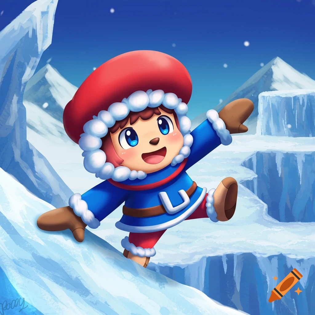 Cartoon character resembling Popo from Ice Climber smiling in a snowy mountain landscape