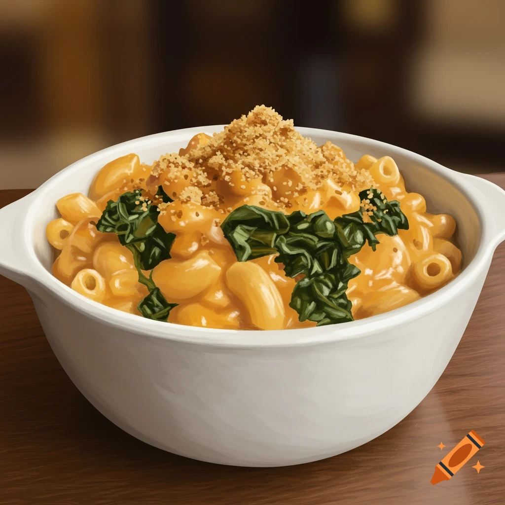 mac and cheese with green leaves and breadcrumbs