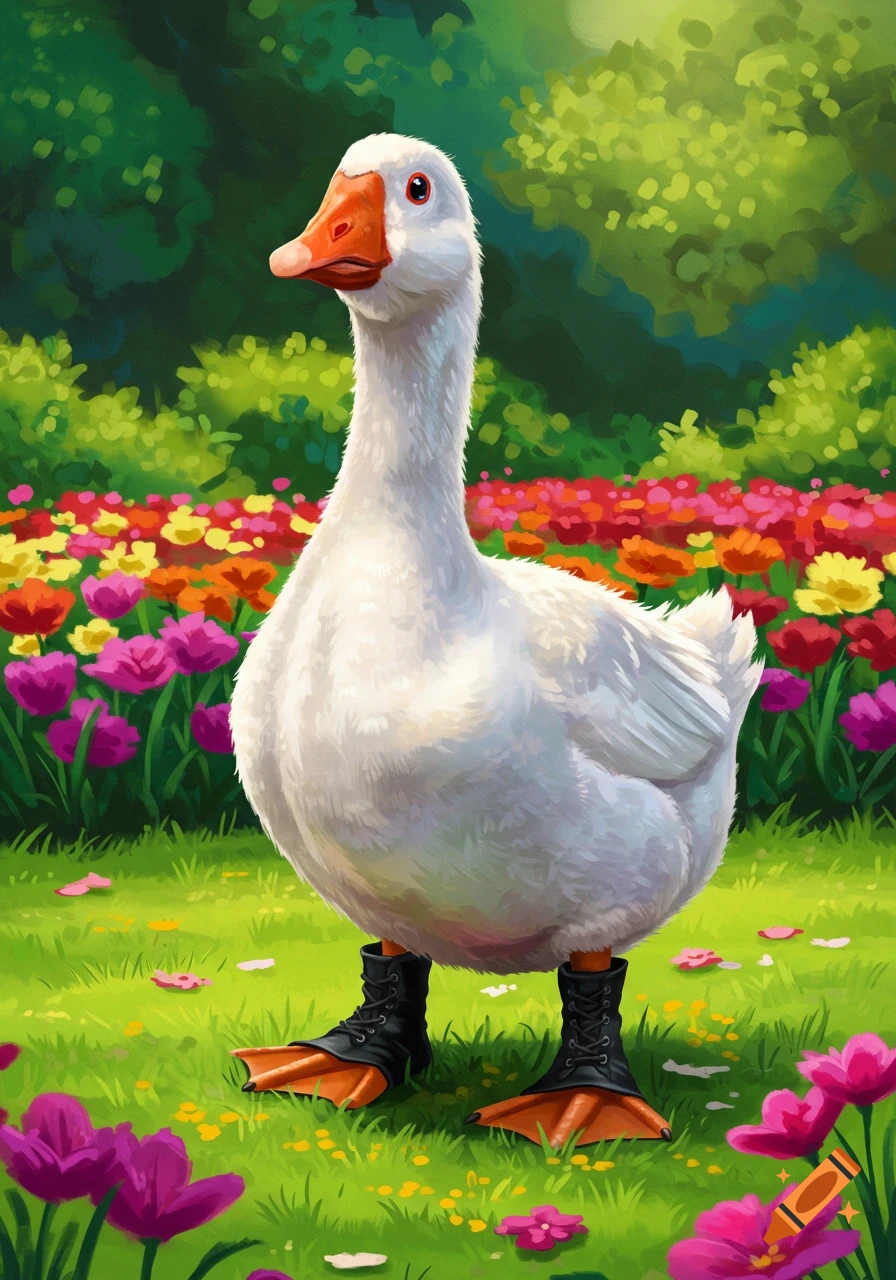 A goose wearing black boots stands in a flower garden.