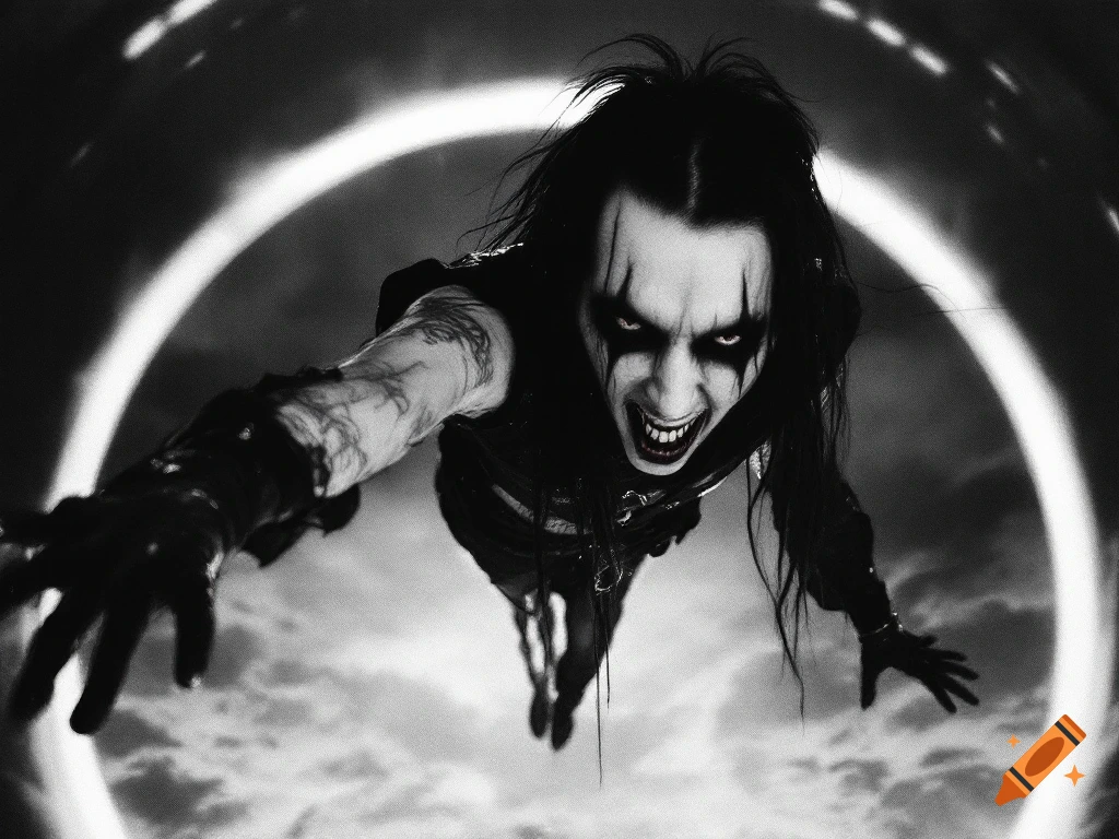 Black and white image of a person in dark makeup reaching out while flying against a sky with a glowing ring.