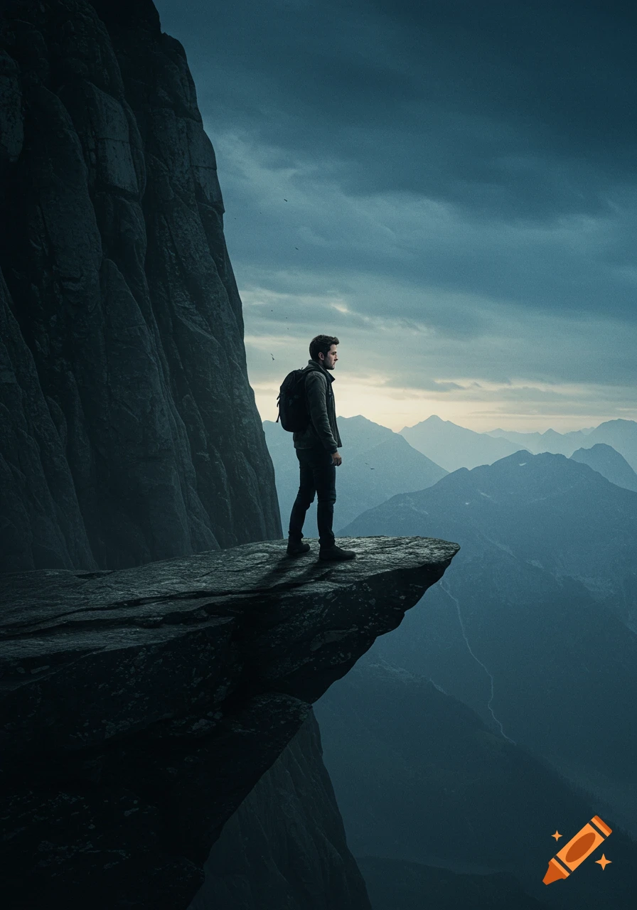 Man with backpack standing on a cliff edge overlooking mountains at dusk.
