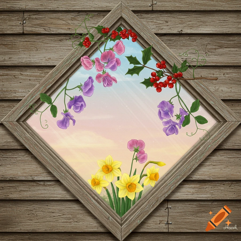 Sweet pea, holly, and narcissus flowers in a diamond window frame on a wooden wall.