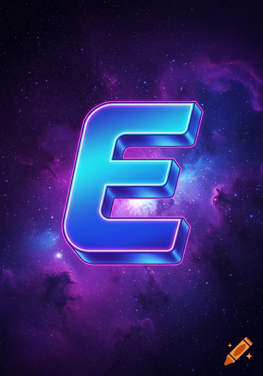 A large, glowing blue and purple letter E against a starry galaxy background.