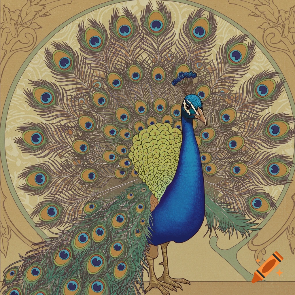 A peacock with fanned tail feathers in front of an Art Nouveau style circular frame.