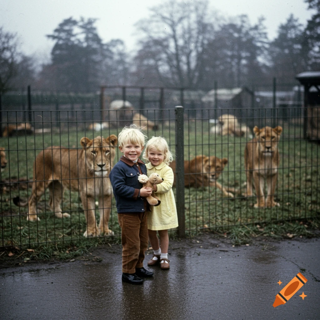 A vintage photo of a boy and girl smiling in front of a lion enclosure at a zoo.