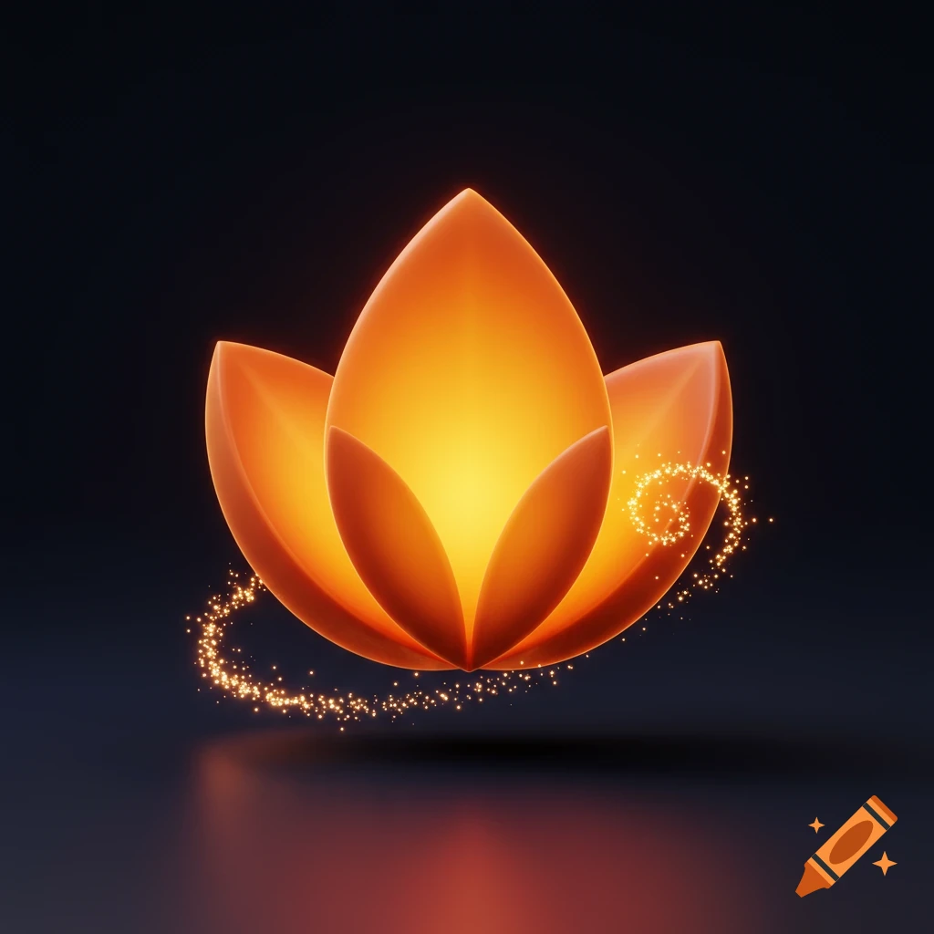 3D rendering of a glowing orange lotus flower with golden sparkles