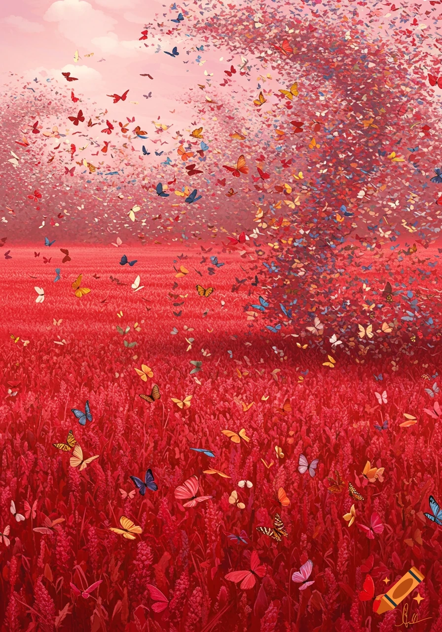Millions of colorful butterflies swirl above a field of red plants under a pink sky.